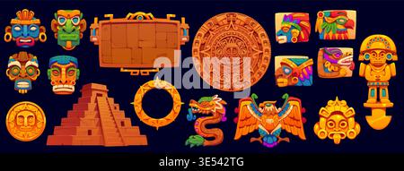 Aztec Inca Maya mexican game icons, vector UI asset. Cartoon stone sign board frame, icons and buttons with ancient pyramid, mayan totem masks and gold coins. Aztec civilization game icons set Stock Vector