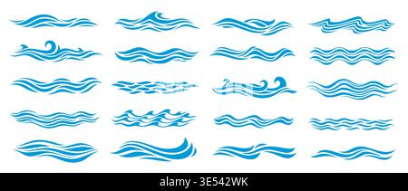 Water wave icons, ripple blue sea and ocean surf splash, rolling tides, cresting and calm waves, and layered ripples sea wave symbols. Nautical and marine signs, seaside and travel icons Stock Vector
