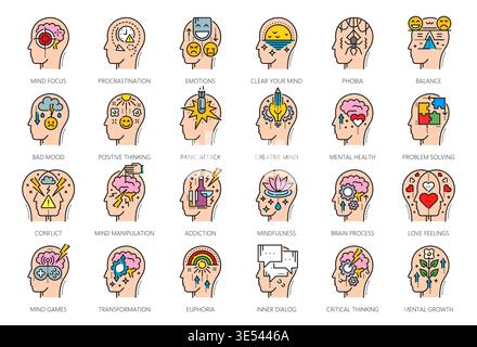 Psychology problem or mental health line vector icons of mindfulness, creativity and positive thinking. Mental health icons of panic attack, conflict, and transformation, balance, and brain process Stock Vector