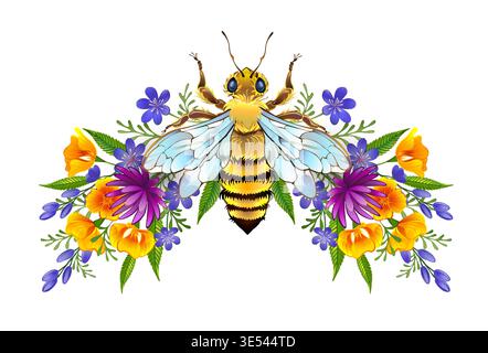 Symmetrical frame of flowers, yellow California poppy and blue wildflowers, decorated with sweet honey bee on white background. Stock Vector