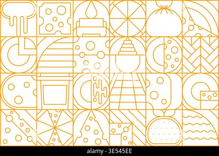 Modern dairy cheese geometric pattern featuring orange linear food icons. Cheese slices, melted cheese, milk, pizza, burger and dairy symbols arranged in grid layout. Vector pattern for food packaging Stock Vector