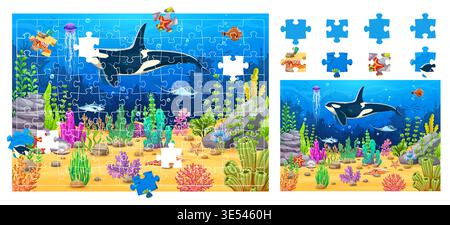Jigsaw puzzle game pieces with killer whale and underwater landscape, vector cartoon worksheet. Kids jigsaw puzzle pieces with orca whale, funny flounder, starfish and tuna fish in coral reef seaweeds Stock Vector