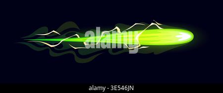 Laser blaster gun game effect of cartoon energy blast or fire beam, vector VFX icon. Raygun or laser gun plasma blaster game effect of green bullet blast of fireball shot with magic energy lightning Stock Vector