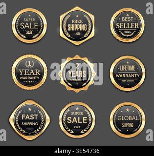 Sale, shipping or warranty golden badges and labels, award seals, luxury medal and marks with laurel wreaths, ribbons. Vector set of round premium ecommerce promotion for business marketing and shop Stock Vector