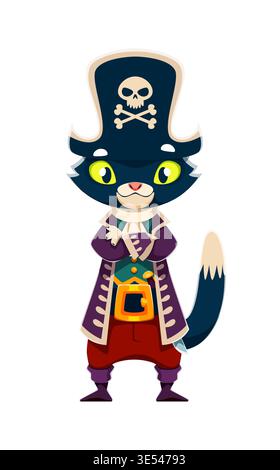 Cartoon cat animal pirate captain or skipper character with bright yellow eyes. Corsair dressed in a long purple coat, red trousers and tall hat with crossbones. Funny pirate personage for kids design Stock Vector