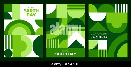Earth day posters with green geometric pattern. Vector environmental cards for April 22 celebration. Environment and ecology awareness with modern abstract modular mosaic shapes, vertical flyers Stock Vector