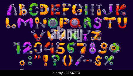 Cartoon robot hand font, gear wheel typeface, cyborg machine type, engineering English alphabet. Kids abc vector uppercase letters, digits and punctuation marks characters made of machine parts Stock Vector