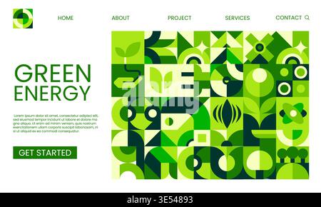 Green energy technology landing page template. Green energy company vector landing page, renewable power plant webpage. Clean environment and ecology website with Bauhaus green geometric shapes Stock Vector