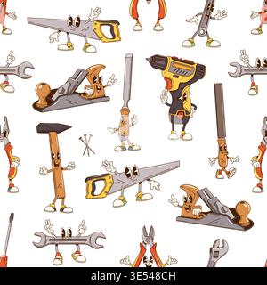 Groovy repair, construction diy tools characters seamless pattern with hammer, screwdriver, wrench, saw and drill, wrench, chisel, pliers or nails. Vector tile background with cartoon funny hand tools Stock Vector
