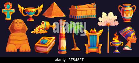 Ancient Egypt game icons, Egyptian treasure asset and artifacts. Cartoon vector pyramids, sphinx, sarcophagus and symbols of royalty, represent the rich culture, history and mysticism of ancient Egypt Stock Vector