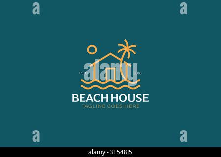 Minimalist Beach House Logo with Palm Tree and Waves Representing Tropical Holiday and Relaxation Stock Vector