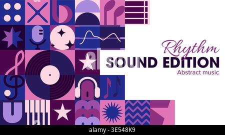 Sound edition and records studio banner with geometric music pattern. Flat vinyl record, microphone, headphones, and music notes in purple and pink grid layout. Vector pattern for concert poster Stock Vector