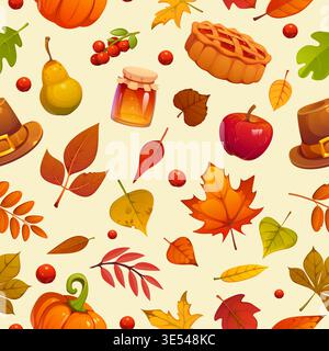 Thanksgiving and autumn harvest seamless pattern background. Rich vector design featuring maple, rowan, birch, linden leaves, berries, pears, apple pie, pumpkins, and pilgrim hat for kitchen textile Stock Vector