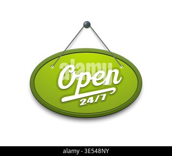 Open signboard for shop or store door sign board hanging on string, vector icon. 24 7 open signboard or green round banner for supermarket or kiosk and restaurant and cafe door announcement sign Stock Vector