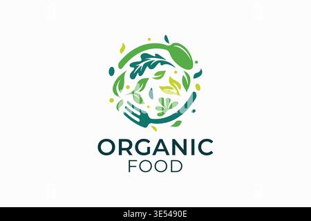 Organic Food Logo with Green Leaves, Spoon, and Fork Representing Healthy Lifestyle and Sustainability Stock Vector