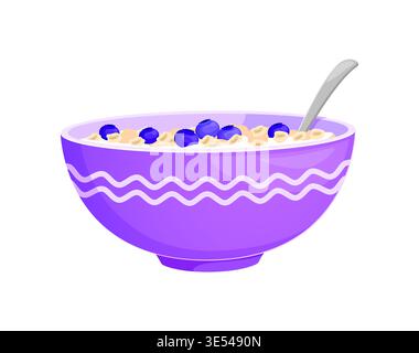 Cartoon oatmeal bowl with milk oat porridge, blueberry topping and spoon. Breakfast food with cereal grain dairy ingredient. Vector isolated purple porcelain dish with healthy oatmeal nutrition meal Stock Vector