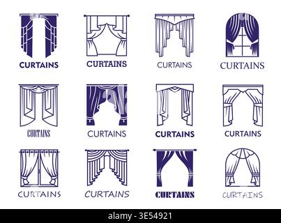 Theater curtain icons with vector line opera theatre stage fabric draping and home window blinds. House interior decor element isolated outline symbols set of blue curtains or portieres with drapes Stock Vector