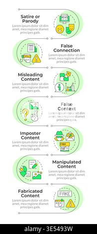 Seven different types of misinformation methods infographic vertical sequence Stock Vector