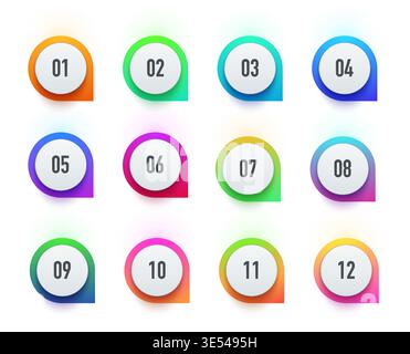Color number bullet points tags and icons. Vector set of round tags from one to twelve. Modern infographic elements for steps sequence labels, markers or interface icons highlight workflow and process Stock Vector