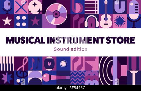 Musical instruments shop store banner with geometric music pattern. Vector retro modern background with microphone, guitar, piano, headphones, vinyl and notes for sound edition branding or promotion Stock Vector