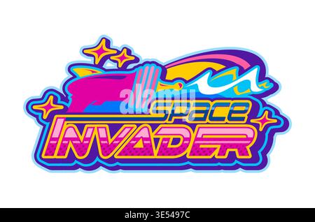 Space invader retro Y2K icon or sign. Galaxy invader funky vector sign, extraterrestrial life vintage symbol. Space and universe exploration icon with laser blaster and retro futuristic typography Stock Vector