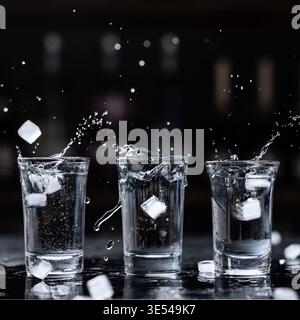 three shot glasses with splashing alcohol and ice cubes on dark background dynamic party concept Stock Photo