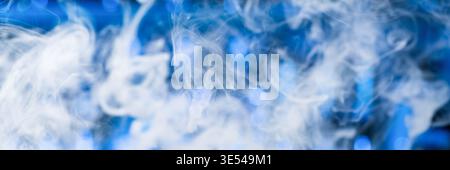 abstract white smoke waves on blue background wide banner soft vapor texture Stock Photo