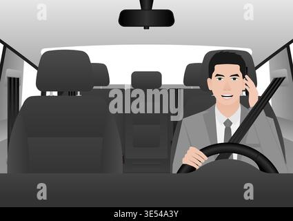 A Man Calling on Phone While Driving a Car. Do Not Use Phone While Driving. Careless and Dangerous Driving Behavior. Vector Illustration. Stock Vector