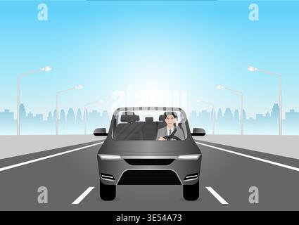 A Man Calling on Phone While Driving a Car. Do Not Use Phone While Driving. Careless and Dangerous Driving Behavior. Vector Illustration. Stock Vector