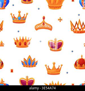 Golden crowns and tiaras. Monarchy attributes, jewelry head decorations with stones. Crown seamless pattern template, art print, vector background Stock Vector