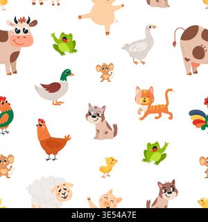 Farm animals cartoon seamless pattern. Dog, cow, pig and cat, sheep, mouse and goose. Childish adorable print for fabric, cloth, wallpaper, vector Stock Vector