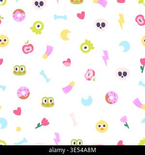 Groovy seamless pattern. Funny animal faces, frog, duck, green slime monster. Heart and flower, donut, bone, falling star or comet. Vector print Stock Vector