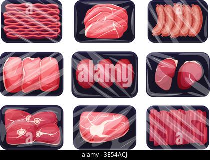 Frozen meat packs. Meats products in plastic containers with film. Fresh frozed steaks, minced meat, cutlets, tenderloin, sausages. Supermarket items Stock Vector
