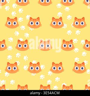 Red cat faces and paw routes. Groovy cats seamless pattern. Animal print for design, fabric, web backdrop, postcards. Funny template, vector Stock Vector
