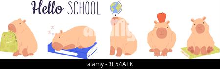 Smart student capybara. Back to school, university, college animals with books, globe, backpack. Funny capybaras, children mascots, vector characters Stock Vector