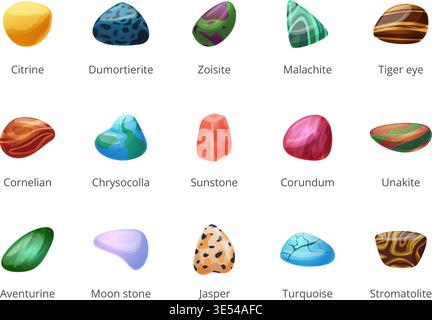 Mineral stones. Colorful half jewelry stone different colors. Semi precious natural elements, gemstones. Turquoise, malachite, aventurine, nowaday Stock Vector