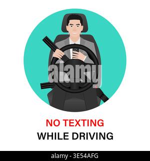 A Man Using Phone Texting Message While Driving a Car. Do Not Use Phone While Driving. Careless and Dangerous Driving Behavior. Vector Illustration. Stock Vector