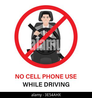 A Man Using Phone Texting Message While Driving a Car. Do Not Use Phone While Driving. Careless and Dangerous Driving Behavior. Vector Illustration. Stock Vector