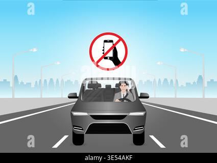 A Man Using Phone Texting Message While Driving a Car. Do Not Use Phone While Driving. Careless and Dangerous Driving Behavior. Vector Illustration. Stock Vector