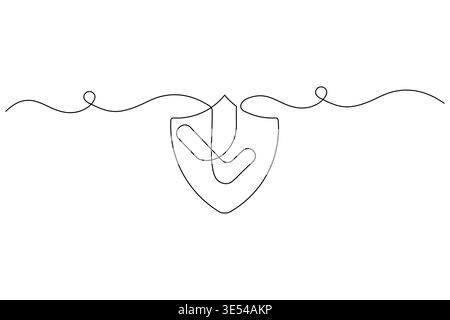 Shield with check mark continuous one line drawing on white background Stock Vector