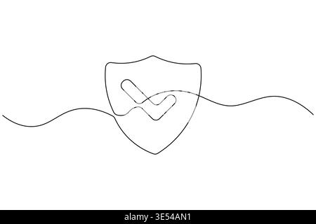 Shield with check mark continuous one line drawing on white background Stock Vector
