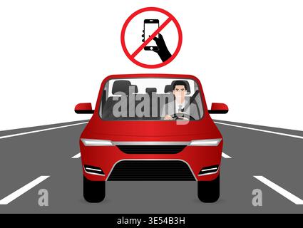 A Man Using Phone Texting Message While Driving a Car. Do Not Use Phone While Driving. Careless and Dangerous Driving Behavior. Vector Illustration. Stock Vector