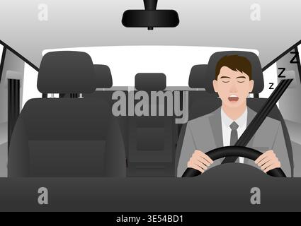 Sleepy Man. Man Sleepy While Driving. Driver Falling Asleep While Driving. Vector Illustration. Stock Vector