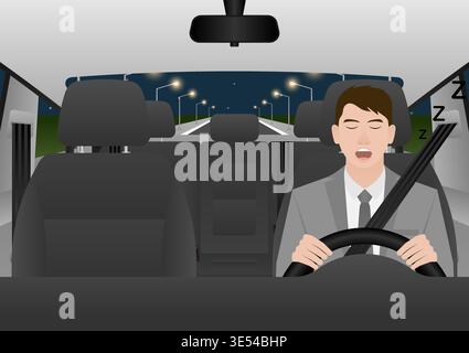 Sleepy Man. Man Sleepy While Driving. Driver Falling Asleep While Driving. Vector Illustration. Stock Vector