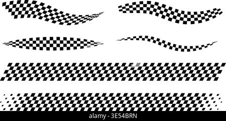 Race flag lines. Black and white checker finish ribbon. Car race grid pattern. Rally border texture. Wavy and gradient checker lines. Design element Stock Vector