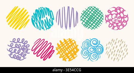 Circular backgrounds with colorful doodles. Hand-drawn strokes of different colors in circle shape. Round textured highlighter with swirls, lines Stock Vector