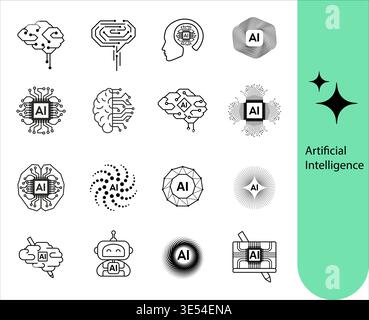 Icon set for Artificial Intelligence. Various chip images. Digital assistant. Line art. Suitable for AI technology branding Stock Vector