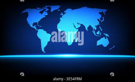 Blue world map silhouette with binary code background representing global data, innovation and digital technology Stock Vector