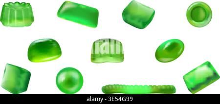 Green jelly candy. Realistic gummy candies, sour fruit chewy sweet marmalade sugar dessert snack assorted shape gum taste vitamins gelatin sweets set 3d exact vector illustration original artwork Stock Vector