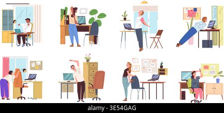Office desk exercises. Employee stretch exercise at workplace, worker yoga break workout chair relax computer table healthy activity work sport fitness, classy vector illustration original artwork Stock Vector